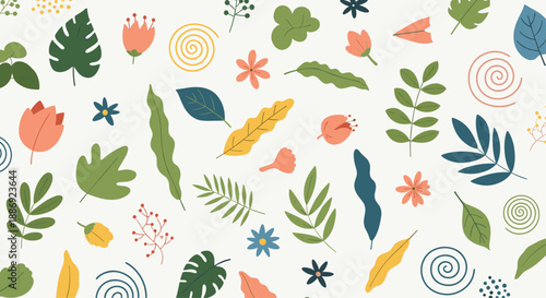 Seamless pattern of colorful, hand-drawn abstract leaves, flowers, and whimsical shapes on a light cream background.