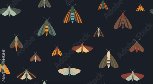 A seamless pattern of elegant, stylized moths with patterned wings in muted, earthy tones on a dark navy background.