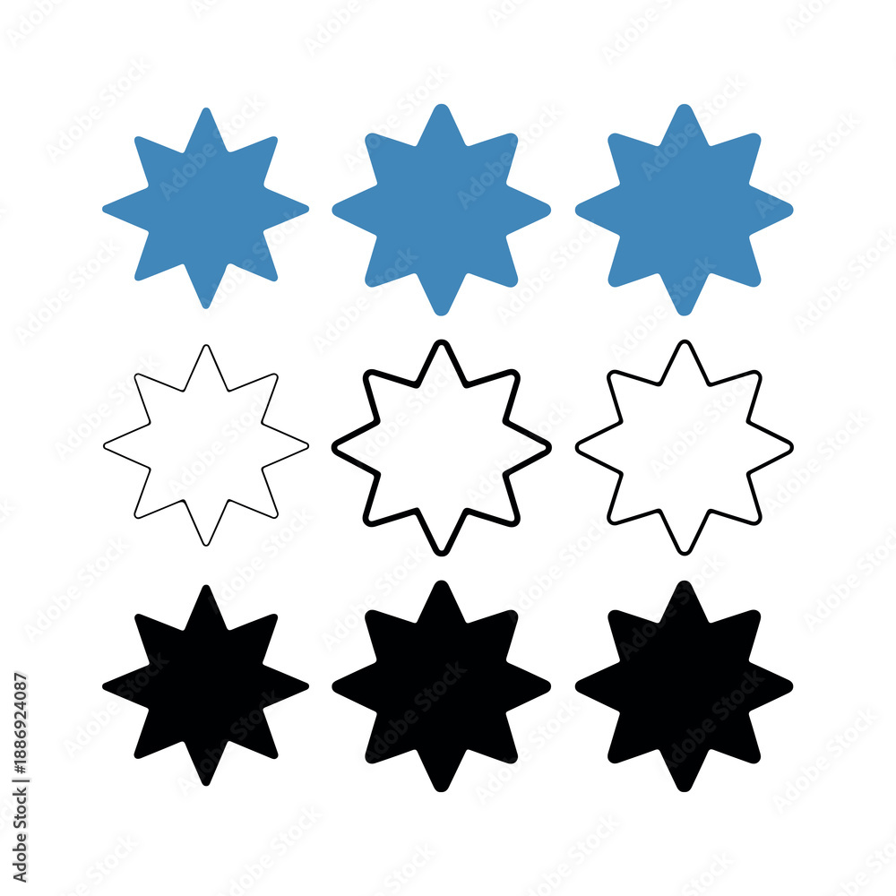 Obraz premium Nine pointed star symbols in blue black and outline styles