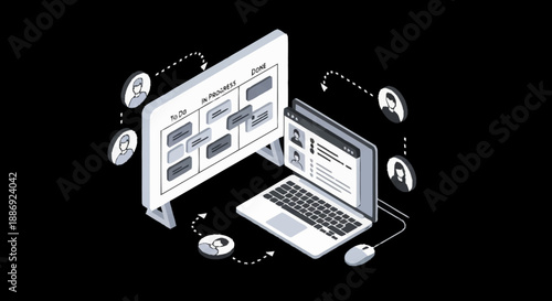Laptop and monitor displaying digital interface with connected peripherals.