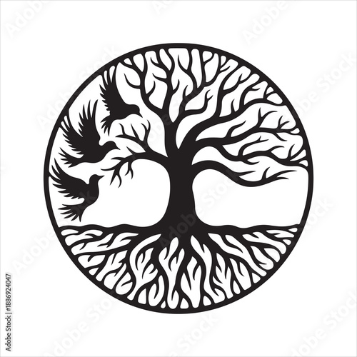 A stylized black and white tree of life illustration, Tree of Life Silhouette in Circular Frame with Flying Birds vector illustration 