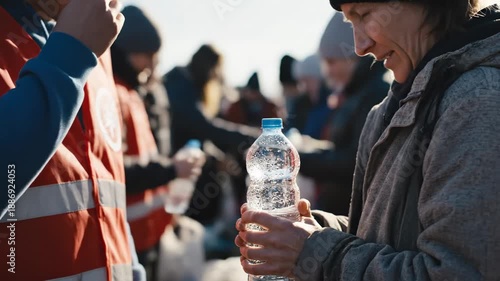 Volunteer in a safety vest distributes bottled water to people in a disaster zone, emphasizing community resilience and humanitarian aid during a crisis under bright sunlight.
