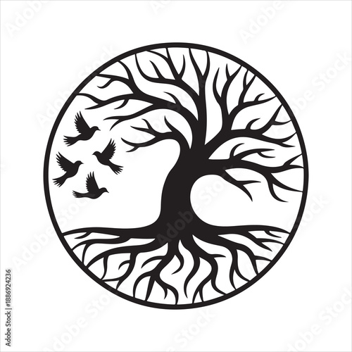 A stylized black and white tree of life illustration, Tree of Life Silhouette in Circular Frame with Flying Birds vector illustration 