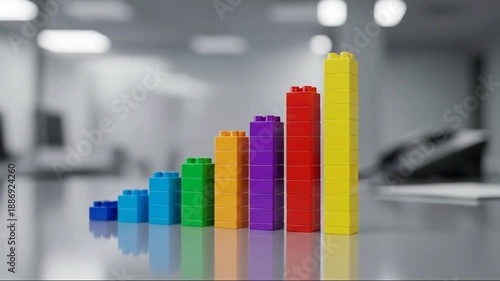 Colorful Building Blocks Graph: Business Growth & Progress Concept in Office Setting. Success, Strategy, and Rising Trends...