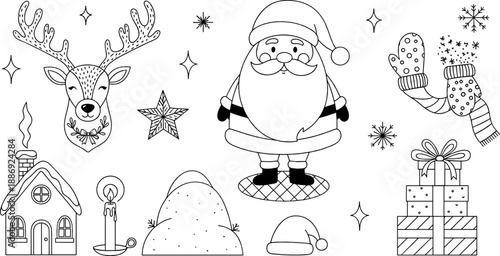 Cute Christmas doodle set with Santa, reindeer, gifts, mittens, snowflakes, candle, and festive holiday elements in black and white coloring page vector style