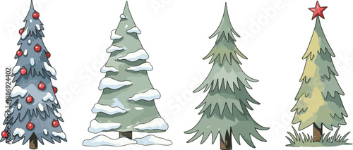 Vector illustration set of green evergreen  trees with stars and decorations on white background and winter snow for holiday celebration cards