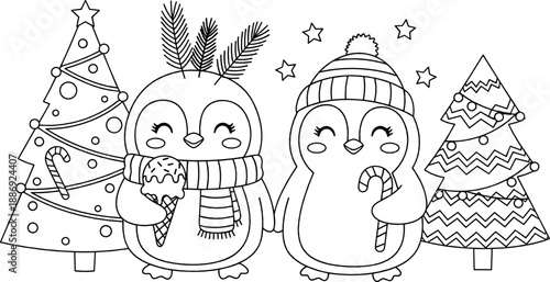 Cute Christmas penguin characters with candy cane, cupcake, and decorated pine trees in black and white kawaii coloring page vector style