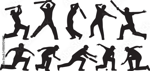 Cricket players silhouettes set with batting bowling fielding and wicket keeping actions isolated on transparent grid background