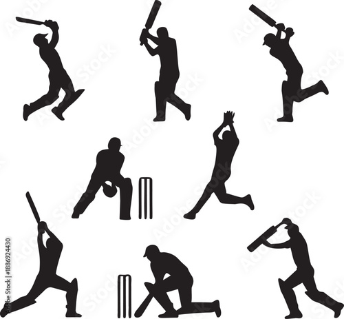 Professional cricket player silhouettes featuring various game stances like batting fielding and wicket keeping with cricket stumps