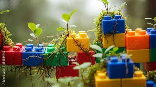 Colorful Building Blocks with Sprouting Plants: Nature & Construction Synergy in a Lush, Dreamy Environment