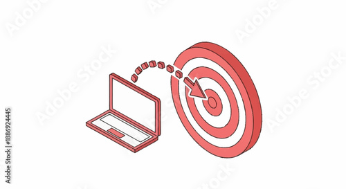 Digital marketing target with laptop and arrow hitting the bullseye.