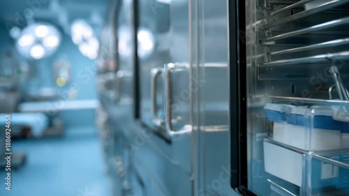 Sterile surgical instruments stored neatly inside sealed cabinets with a clear focus on the cabinet door handles and a blurred clinical environment beyond.
