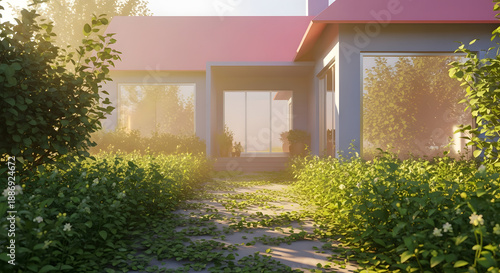 Modern Minimalist Pink House Facade Surrounded by Lush Garden Foliage during Golden Hour Sunset