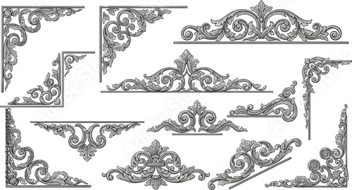 Set of vintage decorative elements and ornate victorian frames featuring floral scroll borders and calligraphic vector ornaments for classic retro design patterns