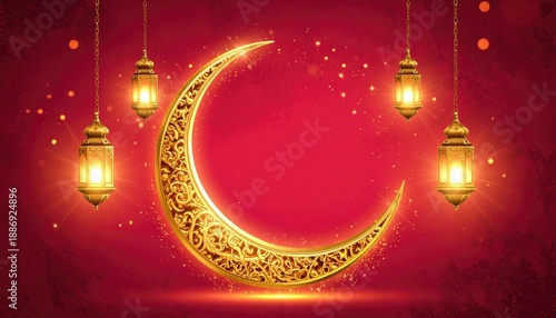 Ornate golden crescent moon and hanging lanterns on a vibrant red background