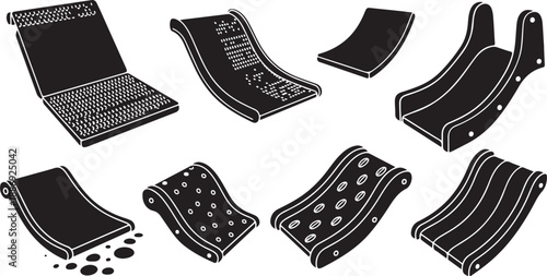 Black and white illustration of various skateboard decks collection