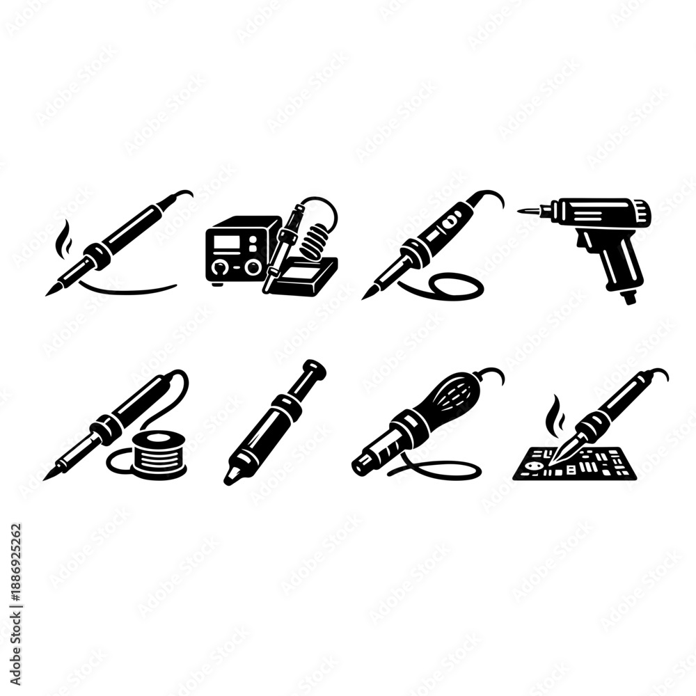Fototapeta premium Soldering Iron Icon Set of 8, Electronics Repair Tool Vector in Black and White