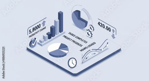 Isometric illustration of business data analysis and financial statistics.