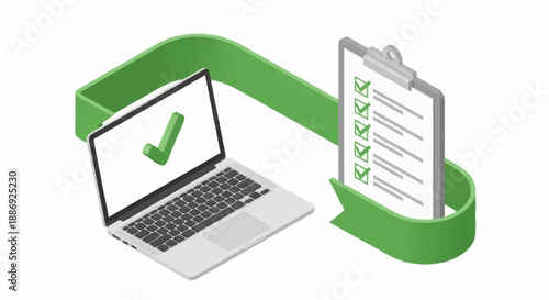 Laptop computer with green checkmark on screen and clipboard checklist with green ribbon.