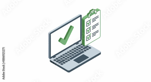 Laptop with checklist and green tick on screen.