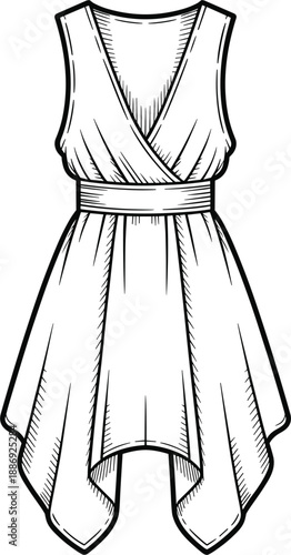 Black and white line of a sleeveless V-neck wrap dress with a cinched waist and an asymmetrical handkerchief hemline