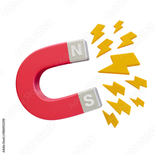 Red Horseshoe Magnet Attracting Yellow Lightning Bolts