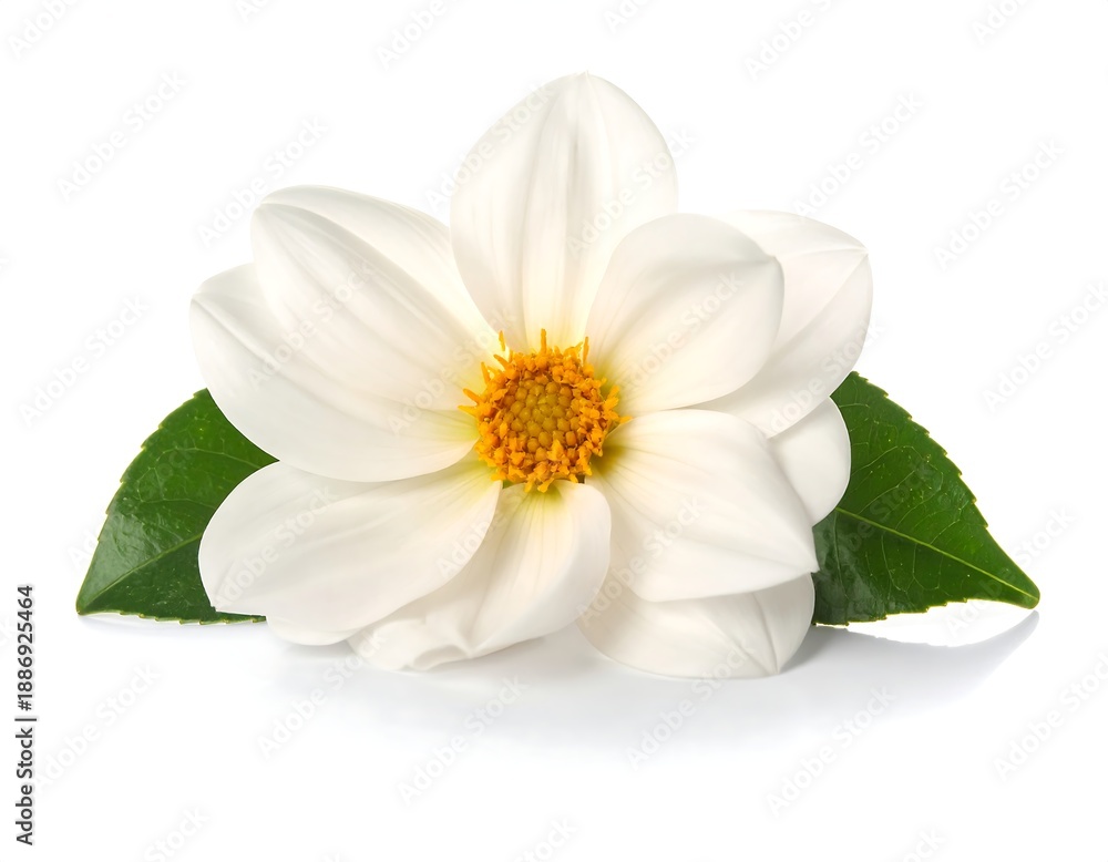 Obraz premium Elegant White Dahlia Flower with Green Leaves on White Background.