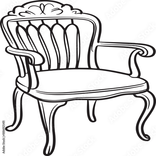 A detailed line drawing of an ornate armchair with curved legs and armrests on a white background