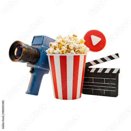 Movie Camera with Popcorn and Clapper Board on White