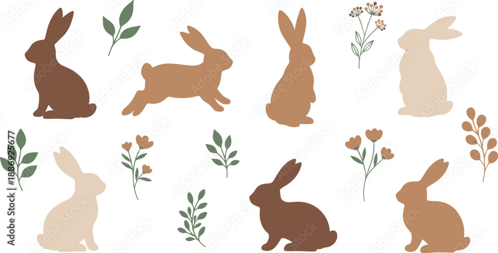Fototapeta premium Minimal bunny silhouette set with floral branches in soft earthy tones, cute rabbit shapes for Easter, spring decor, patterns, and vector illustrations
