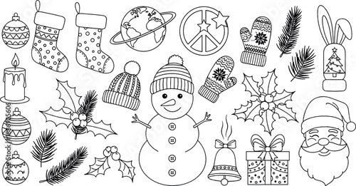 Cute Christmas doodle set with snowman, Santa, stockings, ornaments, mittens, candles, and festive holiday elements in black and white coloring page vector style