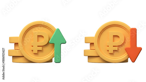 Russian Ruble Currency Symbols with Green Up and Red Down Arrows