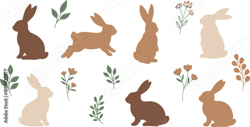 Minimal bunny silhouette set with floral branches in soft earthy tones, cute rabbit shapes for Easter, spring decor, patterns, and vector illustrations