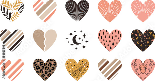 Cute patterned heart collection in warm pastel and earthy tones with love motifs, moons, florals, and decorative romantic elements in kawaii vector style