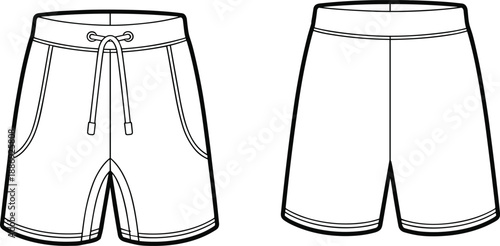 Detailed black and white line of casual shorts with drawstring and side pockets shown from front and back