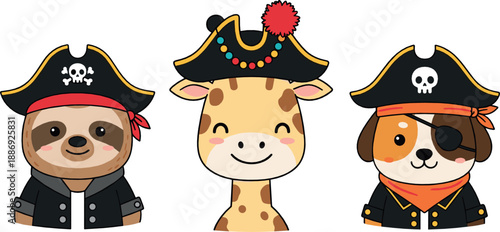 Cute pirate animal characters set with sloth, giraffe, and dog in nautical costumes, kawaii cartoon style for kids, stickers, and vector illustrations