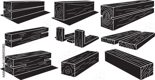 Wooden Planks and Beams in Various Orientations and Angles