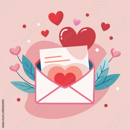 A Valentine's Day-inspired love letter. Tiny hearts flutter about. Confessing a message of love. Simple icon illustrations.