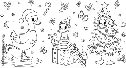 Cute Christmas duck characters with candy canes, gifts, and decorated tree in black and white doodle style coloring page vector illustration