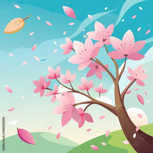 Spring-inspired cherry blossoms and petals. Tiny petals flutter about. Simple illustration. The start of a new season. Early spring.