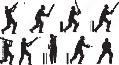 Cricket player silhouette set in various actions on transparent background
