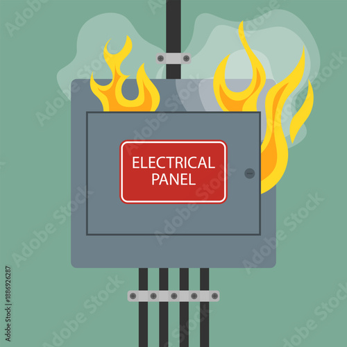 Electrical panel fire hazard. Vector illustration showing an electrical panel emitting flames and smoke. Technical graphic for safety manuals, training materials, maintenance guides