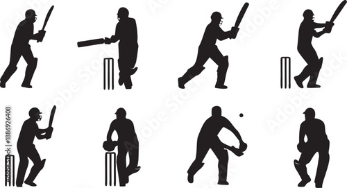 Set of eight cricket player silhouettes, batsman in various action poses, bowler, wicket keeper, professional sport