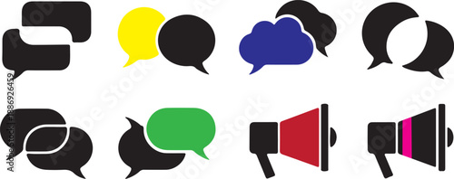 Collection of colorful speech bubbles and icons isolated on transparent background