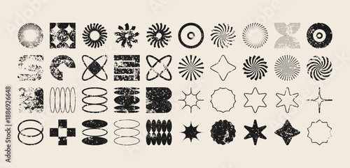 Brutalist geometric shapes, modern grunge symbols. Simple primitive elements and forms, distressed details. Retro design, aged, vintage, trendy contemporary minimalist style, y2k. Vector illustration