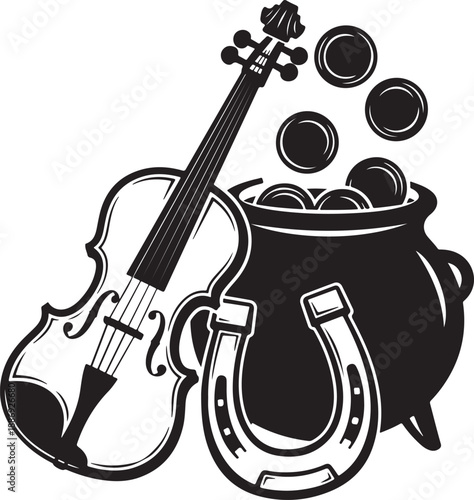 Irish luck symbols with fiddle, pot of gold and horseshoe vector Vector