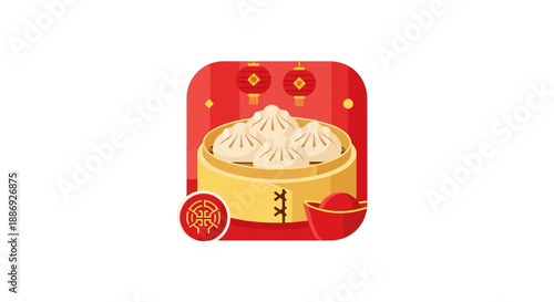 Chinese New Year Flat Illustration of Dim Sum Xiao Long Bao in Bamboo Steamer with Red Lanterns and Lucky Symbol