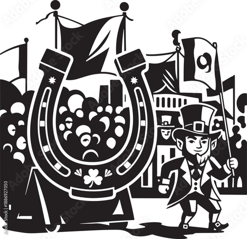 St. patrick's day leprechaun with lucky horseshoe and gold coins Vector