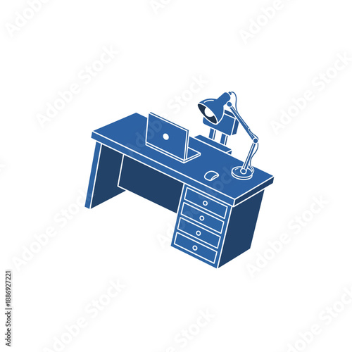 Isometric Office Desk with Laptop and Lamp Vector Icon