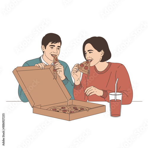 Happy Couple Sharing Pizza Delivery and Drinks Illustration